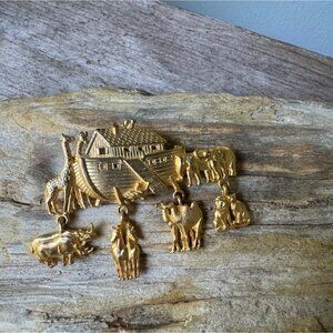 Vintage JJ Noahs Ark Gold-Tone Brooch With Animal Charms